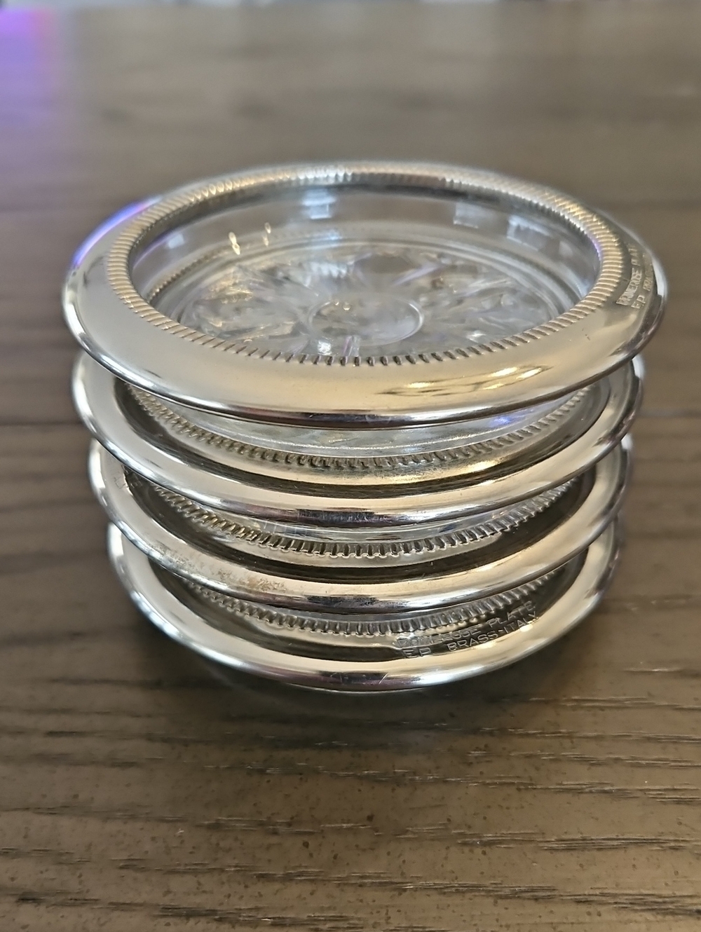 Silver Glass-Top Coaster Set - Set Of 4 - Vintage